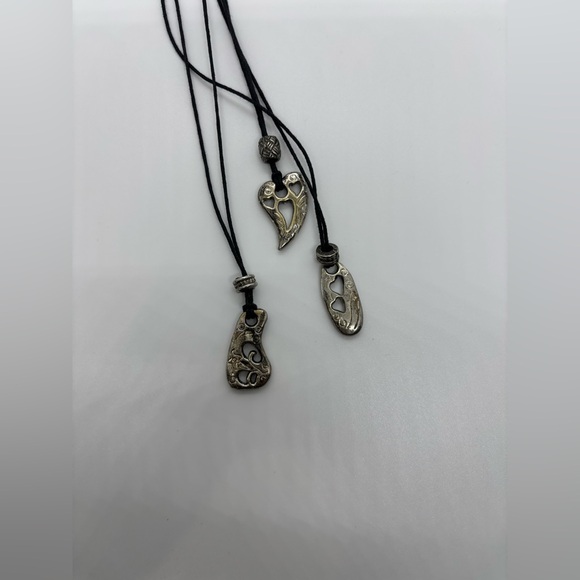 Vintage Multi Strand Cord Necklace - Black Silver Heart Drop - Picture 6 of 7